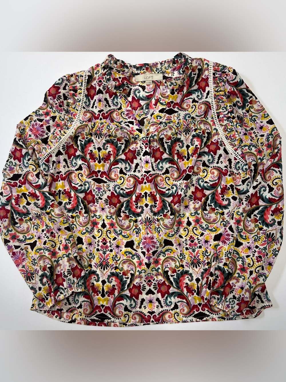 LOFT Paisley Floral Ruffle Blouse Women’s Medium Boho Peasant Top